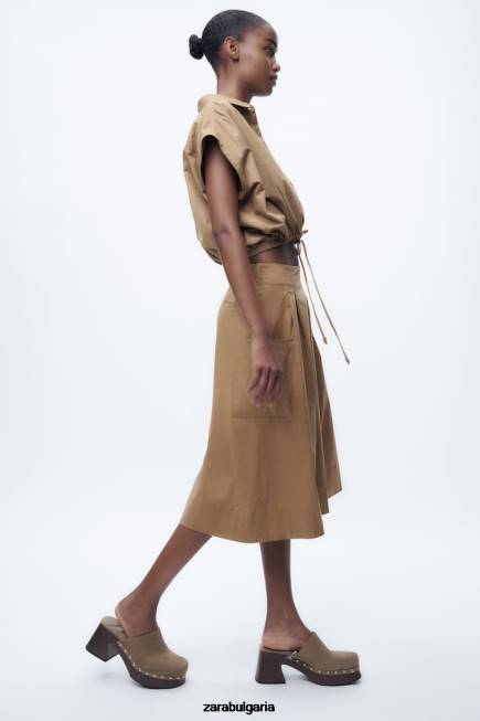 Zara облекло 66FT392 Жени изрязана риза от поплин тъмнокафяво