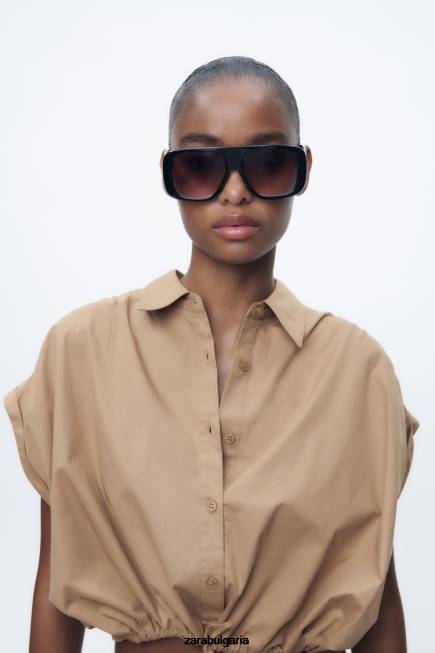 Zara облекло 66FT392 Жени изрязана риза от поплин тъмнокафяво