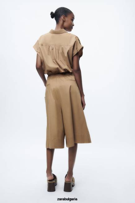 Zara облекло 66FT392 Жени изрязана риза от поплин тъмнокафяво