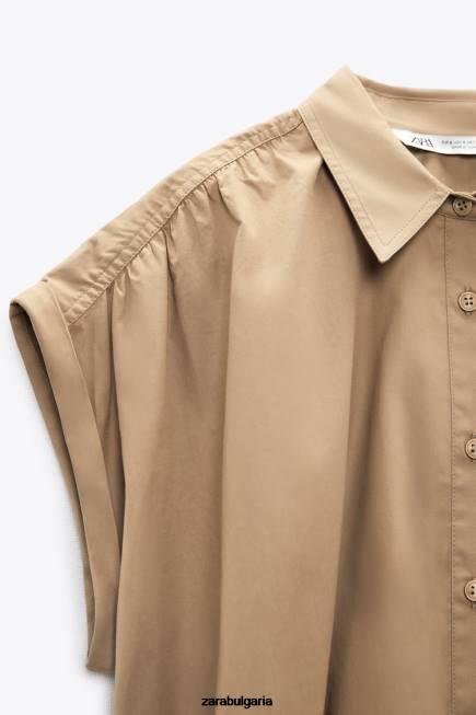 Zara облекло 66FT392 Жени изрязана риза от поплин тъмнокафяво