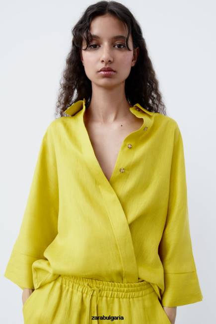 Zara облекло 66FT398 Жени голяма ленена риза горчица
