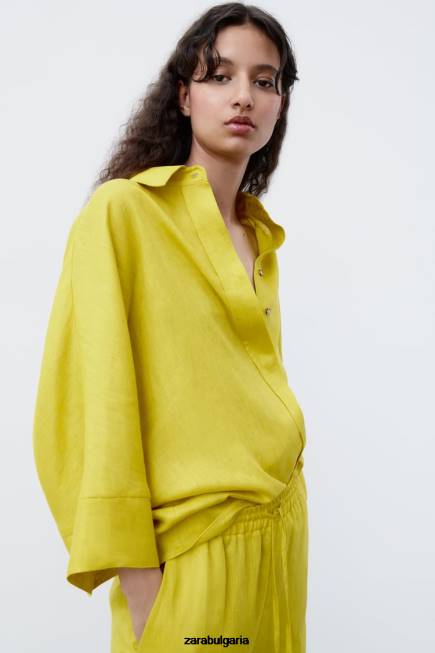 Zara облекло 66FT398 Жени голяма ленена риза горчица