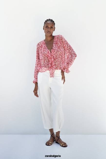 Zara облекло 66FT399 Жени блуза с волани бяло/червено