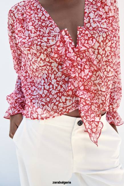 Zara облекло 66FT399 Жени блуза с волани бяло/червено