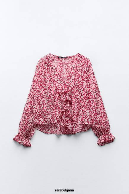 Zara облекло 66FT399 Жени блуза с волани бяло/червено