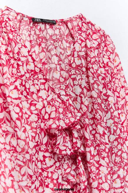 Zara облекло 66FT399 Жени блуза с волани бяло/червено