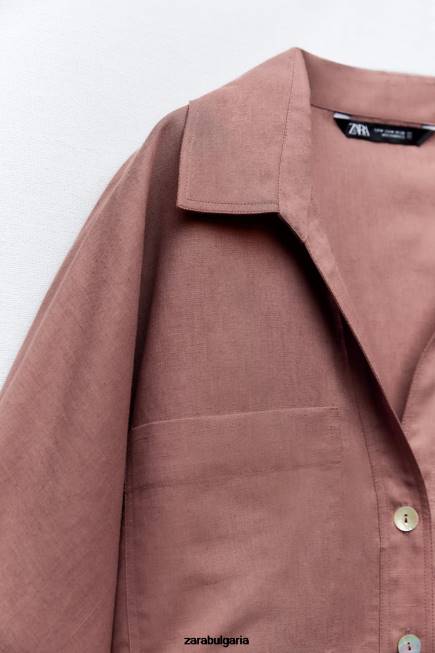 Zara облекло 66FT401 Жени джобна риза от смес от лен марсала