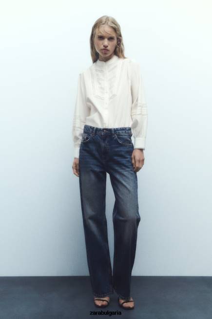 Zara облекло 66FT405 Жени риза от поплин с дантелена вложка екрю