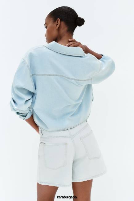 Zara облекло 66FT408 Жени изрязана дънкова риза z1975 светло синьо