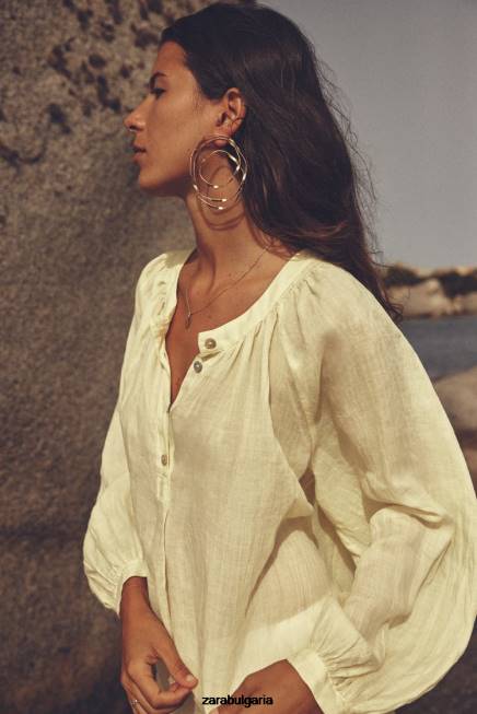 Zara облекло 66FT410 Жени блуза с балон рами жълто