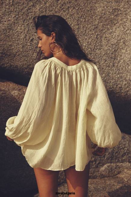 Zara облекло 66FT410 Жени блуза с балон рами жълто