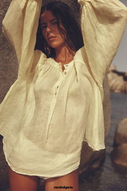 Zara облекло 66FT410 Жени блуза с балон рами жълто