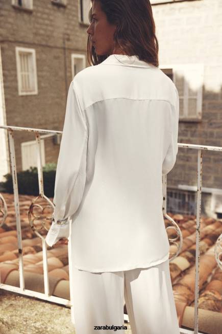 Zara облекло 66FT411 Жени риза с минималистичен сатенен ефект екрю