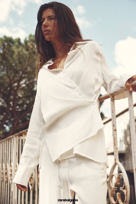 Zara облекло 66FT411 Жени риза с минималистичен сатенен ефект екрю