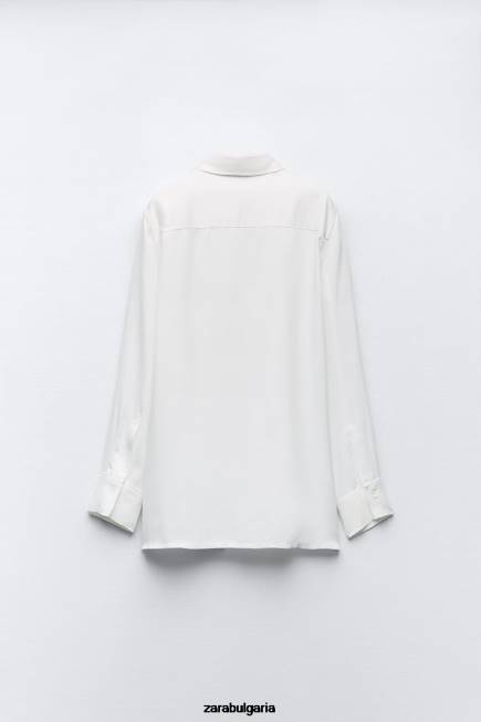 Zara облекло 66FT411 Жени риза с минималистичен сатенен ефект екрю