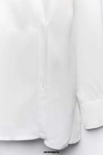 Zara облекло 66FT411 Жени риза с минималистичен сатенен ефект екрю