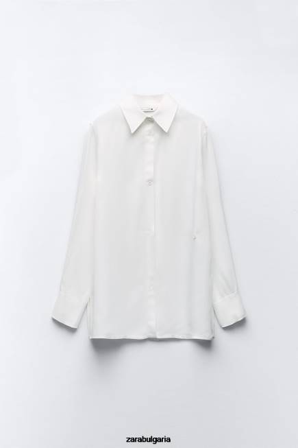 Zara облекло 66FT411 Жени риза с минималистичен сатенен ефект екрю