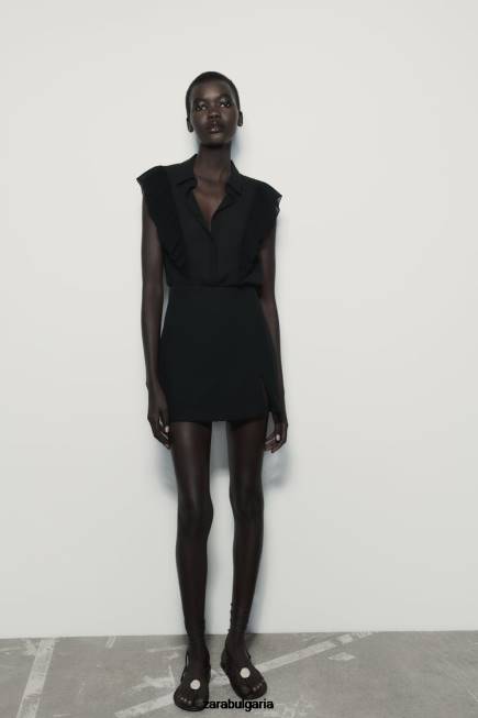 Zara облекло 66FT413 Жени полупрозрачен топ с волани черен