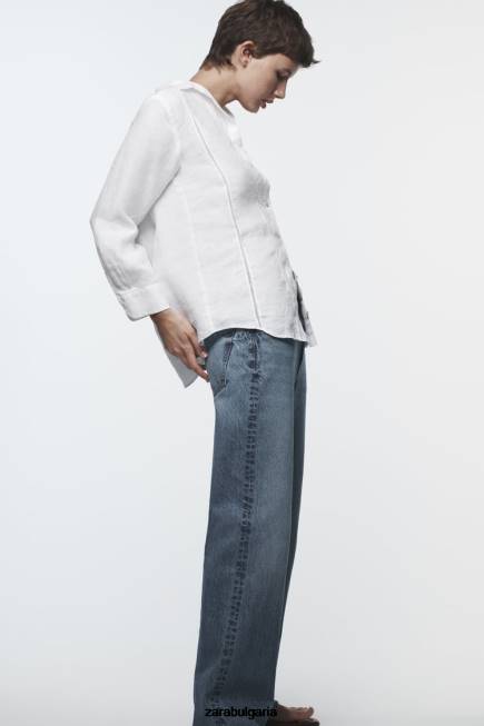 Zara облекло 66FT418 Жени ленена риза с дантелена вложка бяло