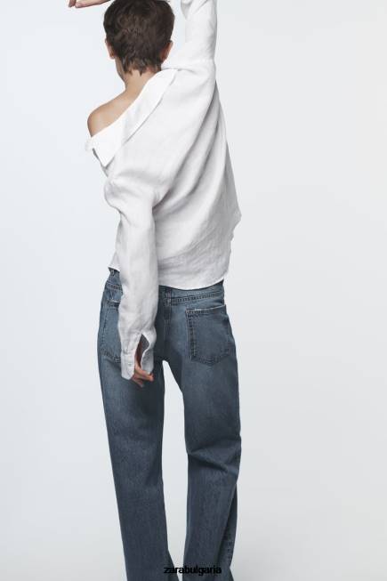 Zara облекло 66FT418 Жени ленена риза с дантелена вложка бяло