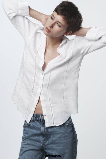 Zara облекло 66FT418 Жени ленена риза с дантелена вложка бяло