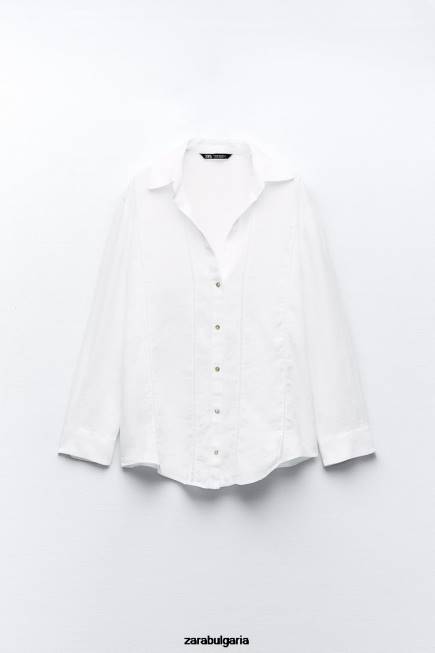Zara облекло 66FT418 Жени ленена риза с дантелена вложка бяло