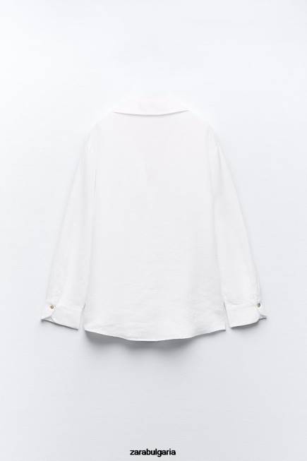 Zara облекло 66FT418 Жени ленена риза с дантелена вложка бяло