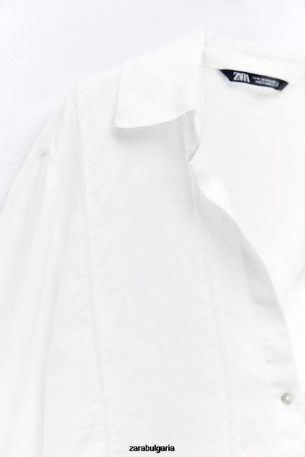 Zara облекло 66FT418 Жени ленена риза с дантелена вложка бяло