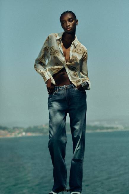 Zara облекло 66FT419 Жени риза с флорален принт пясъчно/синьо