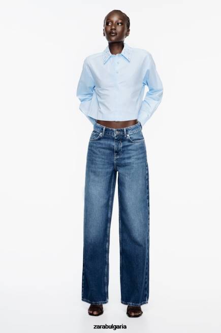 Zara облекло 66FT424 Жени изрязана риза от поплин с шипове небесно синьо