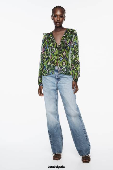 Zara облекло 66FT427 Жени щампована дантелена риза с волани многоцветен