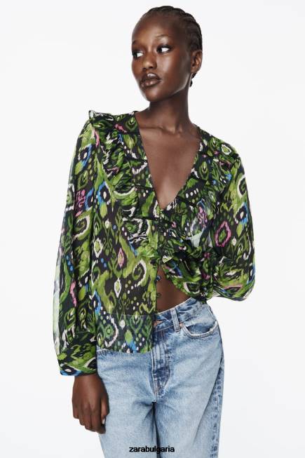 Zara облекло 66FT427 Жени щампована дантелена риза с волани многоцветен