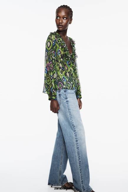 Zara облекло 66FT427 Жени щампована дантелена риза с волани многоцветен