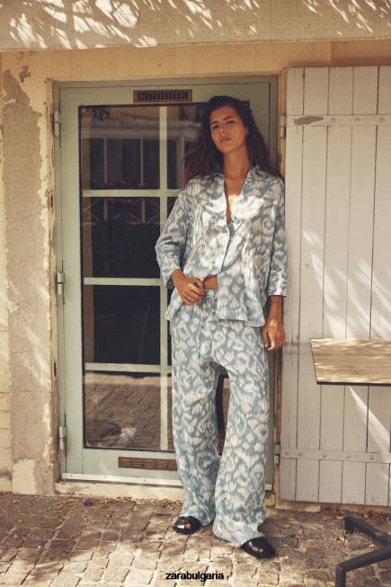 Zara облекло 66FT434 Жени щампована рами риза аквамарин