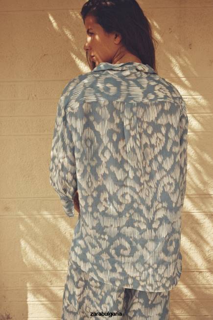 Zara облекло 66FT434 Жени щампована рами риза аквамарин