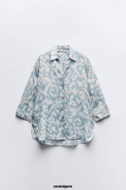 Zara облекло 66FT434 Жени щампована рами риза аквамарин