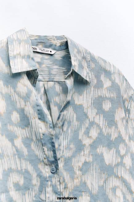 Zara облекло 66FT434 Жени щампована рами риза аквамарин