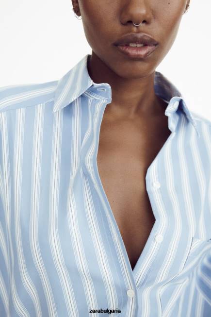 Zara облекло 66FT435 Жени голяма раирана риза синьо/бяло