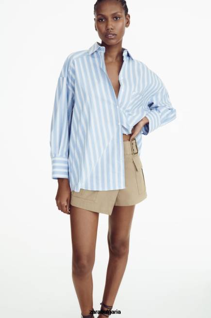 Zara облекло 66FT435 Жени голяма раирана риза синьо/бяло