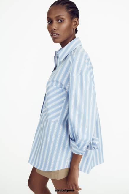 Zara облекло 66FT435 Жени голяма раирана риза синьо/бяло