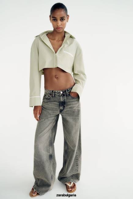 Zara облекло 66FT439 Жени раирана риза от поплин светло зелено