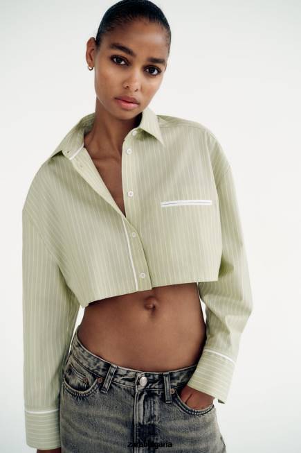 Zara облекло 66FT439 Жени раирана риза от поплин светло зелено