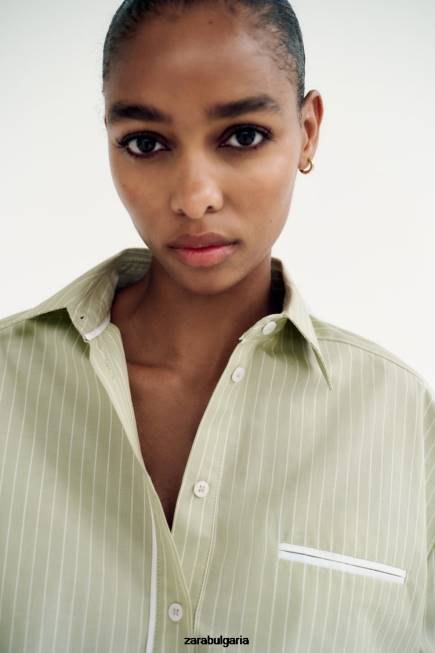 Zara облекло 66FT439 Жени раирана риза от поплин светло зелено