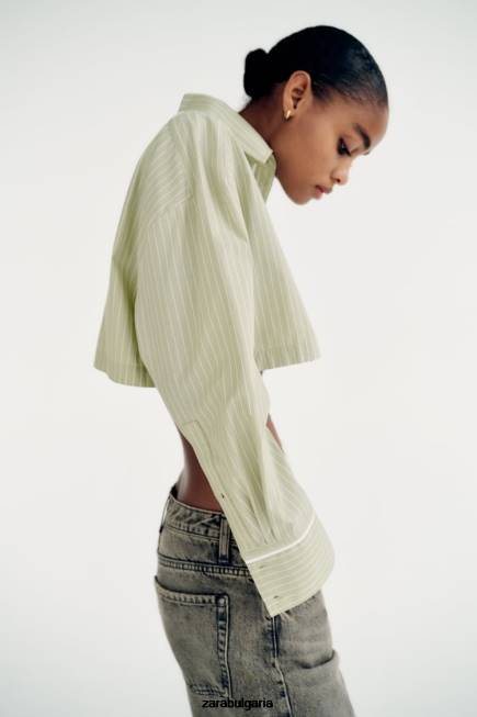Zara облекло 66FT439 Жени раирана риза от поплин светло зелено