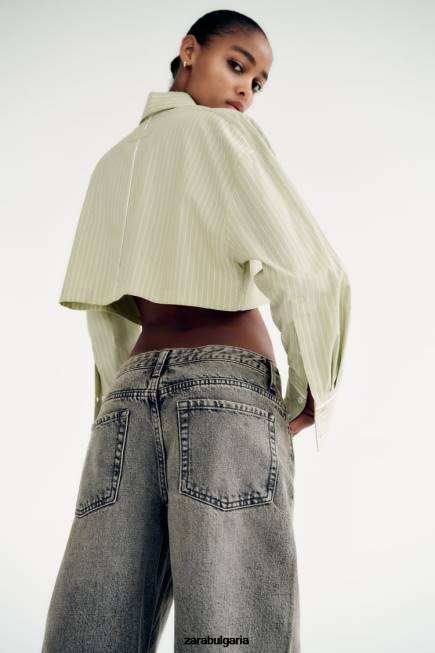 Zara облекло 66FT439 Жени раирана риза от поплин светло зелено