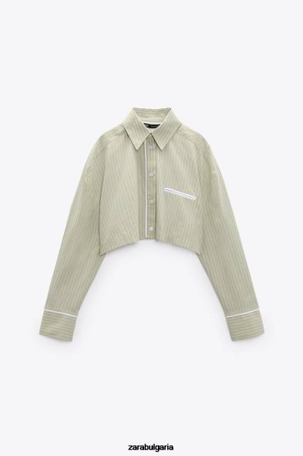Zara облекло 66FT439 Жени раирана риза от поплин светло зелено