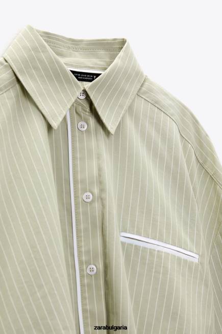 Zara облекло 66FT439 Жени раирана риза от поплин светло зелено