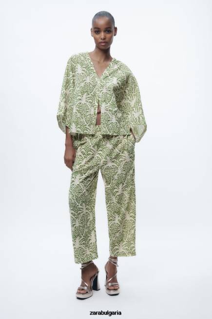 Zara облекло 66FT447 Жени памучна блуза с щампа зелено