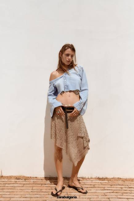 Zara облекло 66FT452 Жени trf асиметрична дънкова риза син