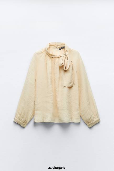 Zara облекло 66FT455 Жени блуза с яка с вратовръзка бежово